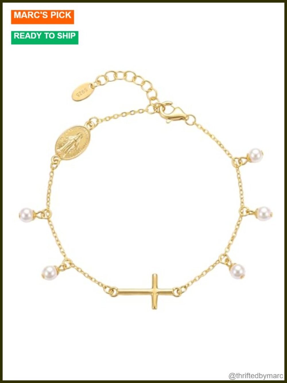 18K Gold Rosary Bracelet for Women, S925 Miraculous Medal Cross Bracelet